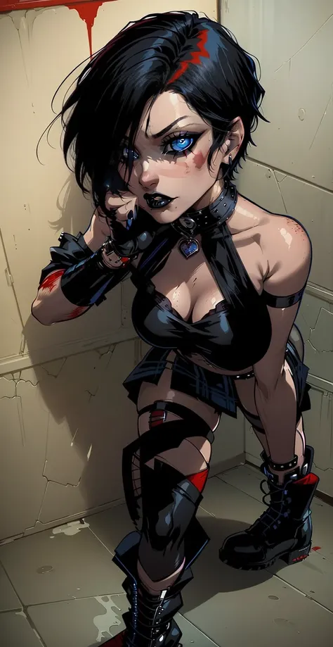 a woman with short black hair, hair on shoulders, wearing a black cropped and plaid skirt, blue eyes, zombie art, gothic art, cute aesthetic with vibe, toon aesthetic, wearing red costume, wearing gothic accessories,  Cassie Hack,  hack/slash comic. wearin...