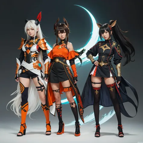 three anime characters dressed in different clothes, um ao lado do outro, lunar themed attire, Genshin, Estilo Genshin Impact, Personagem Impacto Genshin, de arknights, design de personagens de anime, arte de design de personagens, Impacto Genshin, videoga...