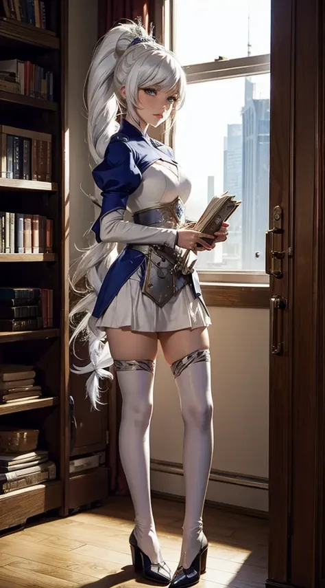 weiss schnee, standing in library, long white hair, side ponytail