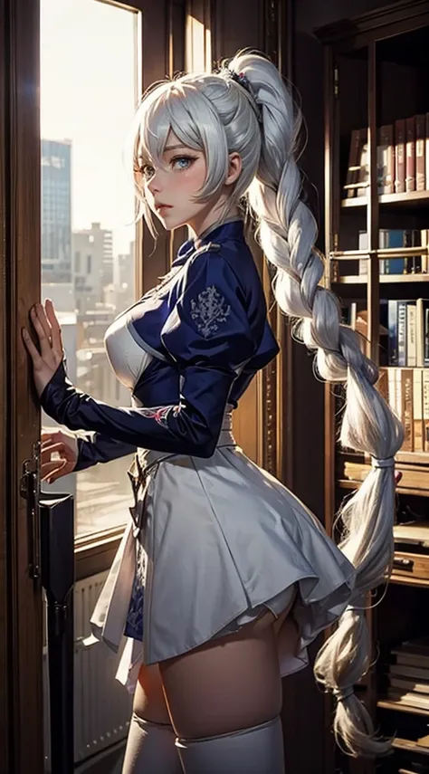 weiss schnee, standing in library, long white hair, side ponytail