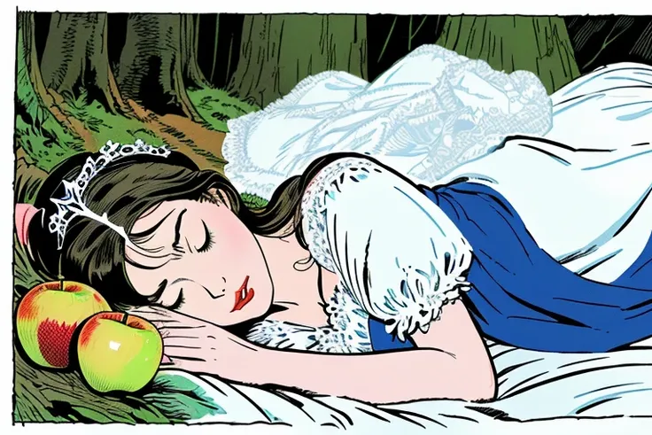 ink illustration, “Snow White”, Grimm Fairy Tales, sleeping beautiful princess, (((wearing night gown, tiara))), (((small bust, sleeping on bed in forest))), (((beside 1 half-bitten apple))), (((american comic style, art by J. Scott Cambell)))