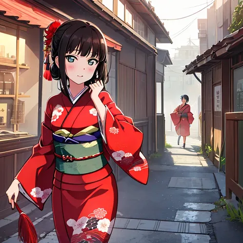 {best quality}, {very aesthetic}, {ultra-detailed}, {best illustration}, japanese kimono, red kimono, in the street, a dark-hair...