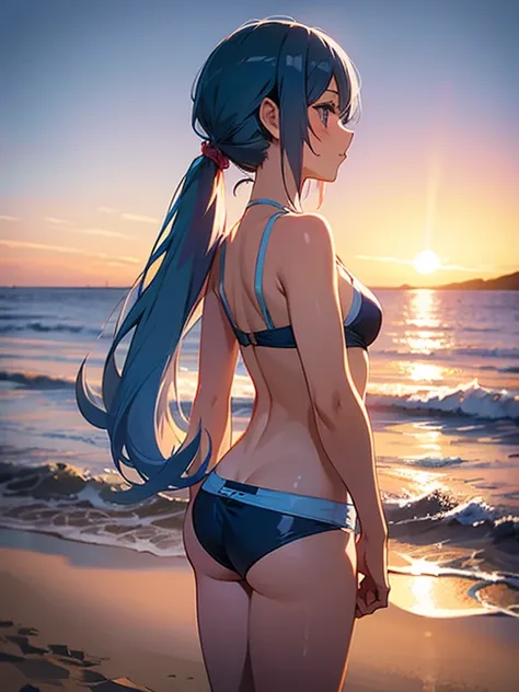 anime girl with light blue hair, Hair in a delicate blue tone, long hair, purple eyes, pony tail hair, revealing swim dress, medium breats, mature factions, very aesthetic detail anime background japanese beach sunset