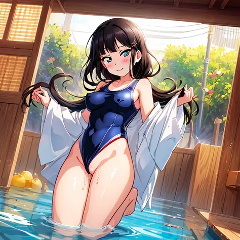 {Best Quality}, {very aesthetic}, {Ultra-detailed}, {Best Illustration}, nsfw, Navy blue swimsuit, Japan Student Swimsuit, One Piece Swimsuit, tits out, {nude}, Lots of love juice, Pussy, A dark-haired