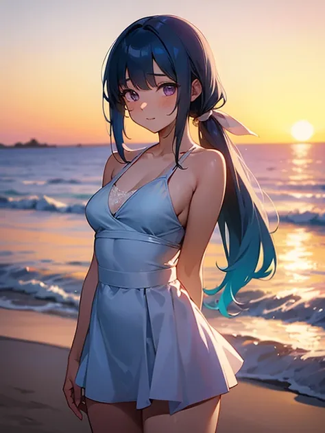 anime girl with light blue hair, Hair in a delicate blue tone, long hair, purple eyes, pony tail hair, revealing swim dress, medium breats, mature factions, very aesthetic detail anime background japanese beach sunrise