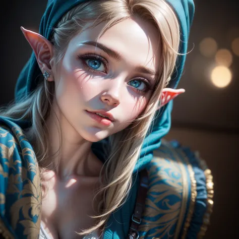 Mulher de hair light em roupa azul e bege segurando em poses de combate como em street fighter, zelda, Retrato de zelda, de lenda de zelda, Link da lenda de zelda, link do zelda, Photos ,  ornate,  professional, ,  Overall, Artgerm Moody Photography, Princ...