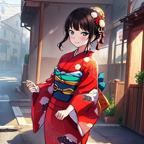 {best quality}, {very aesthetic}, {ultra-detailed}, {best illustration}, japanese kimono, red kimono, in the street, a dark-hair...