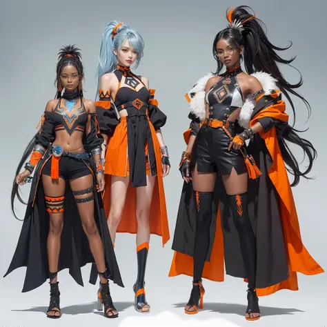 (((concept Art))), (((One character))), Female, (((Dark Skin)))), Black Hair with Ponytail, Light Blue Eyes, Round Glasses with a Slightly Dark Lens with this Lens being Orange, and the Light Blue Color frame, ((Black Metallic Gauntlets and Greaves with Or...