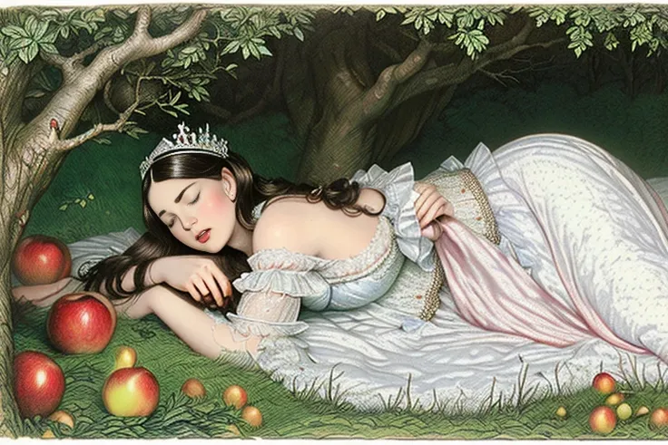 etching illustration, “Snow White”, Grimm Fairy Tales, sleeping beautiful princess, (((wearing night gown, tiara))), (((small bust, sleeping on bed in forest))), (((beside 1 half-bitten apple))), (((victorian art style, art by John Tenniel)))