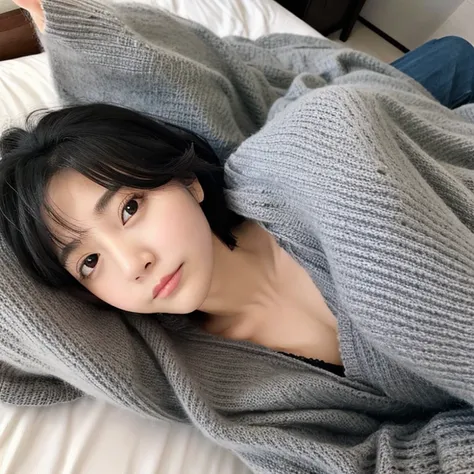 one woman,dimgray sweater with open chest,lying down,cute face,drooping eyes,embarrassed,bob hair,black hair,from above,on the bed,photorealistic,Japanese,Taking a selfie,Third-party perspective