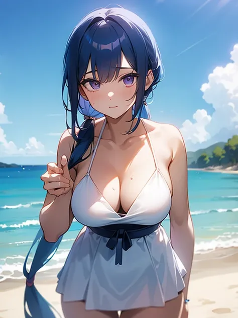 anime girl with light blue hair, Hair in a delicate blue tone, long hair, purple eyes, pony tail hair, revealing swim dress, medium breats, mature factions, very aesthetic detail anime background japanese beach midday sun