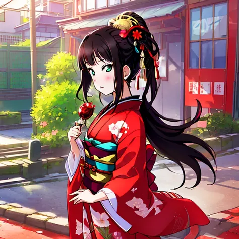 {Best Quality}, {very aesthetic}, {Ultra-detailed}, {Best Illustration}, japanese kimono, red kimono, In the street, A dark-haired