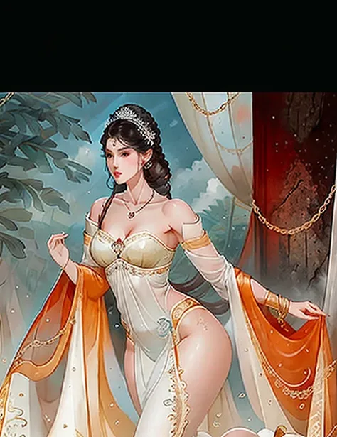 tmasterpiece， highest  quality， （face perfect：1.1） ， （high detal：1.1）， dramatmale triplets， ， whaite hair， red eyes，， long whitr hair， curveig cleavage breasts， themoon， ssee-through， natta， shift dresses， upper legs， nabel， 白色shift dresses， Lace necklace，...