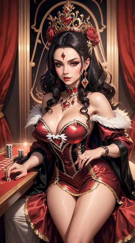 Em um luxuoso cassino, A stunning woman wears an exquisite dress adorned with heart symbols, embodying the royal presence of the Queen of Hearts. Surrounded by a backdrop of poker cards and chips, She exudes confidence and seduction, convidando os jogadore...