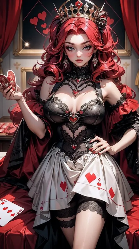 Em um luxuoso cassino, A stunning woman wears an exquisite dress adorned with heart symbols, embodying the royal presence of the Queen of Hearts. Surrounded by a backdrop of poker cards and chips, She exudes confidence and seduction, convidando os jogadore...