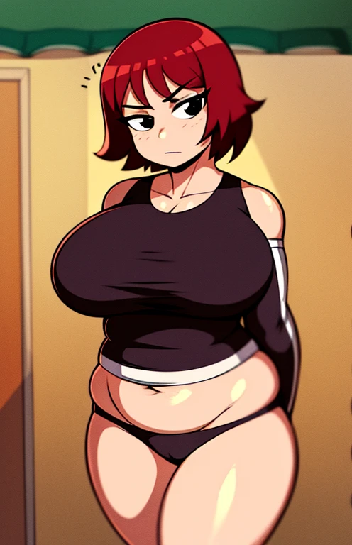 8K ultra HD quality, perfect resolution, Digital Art, DeviantArt, 2010, 1girl, Kim Pine, red hair, medium breasts, muscular arms, chubby, belly fat, wide hips, fully clothed, safe, appropriate, perfectly drawn, no mistakes