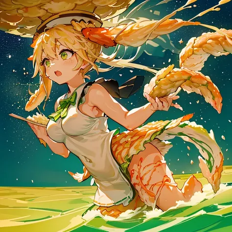 A large asparagus girl who serves large soba noodles flies.、Amazing dynamism、Amazing Angle、A salt and sand storm with overwhelming buoyancy、((((surround in a star shape&#39;seafood tempura))))((((A lot of shrimp tempura strips floating and chasing each oth...