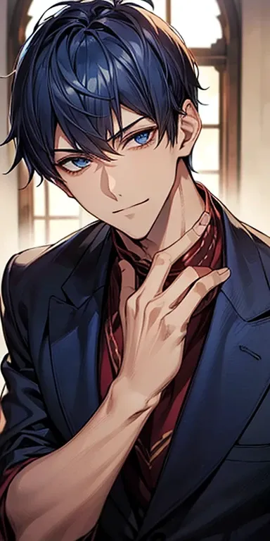 ((masutepiece)), ((Best Quality)), ((Brown skin)), ((Dark blue eyes)), ((Dark blue hair))、Handsome man , ((Very short hair、no bangor head)), masculine、tall、A sexy、 man、Sanpaku eyes、Smirk、Suits、handsome man