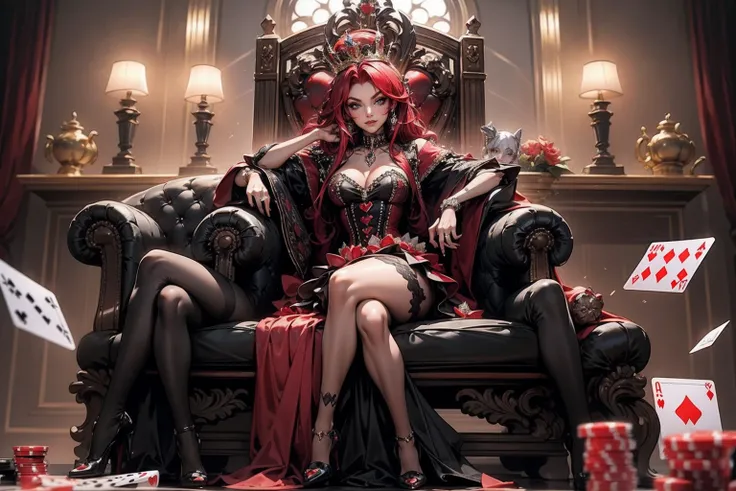 Em um luxuoso cassino, A stunning woman wears an exquisite dress adorned with heart symbols, embodying the royal presence of the Queen of Hearts. Surrounded by a backdrop of poker cards and chips, She exudes confidence and seduction, convidando os jogadore...