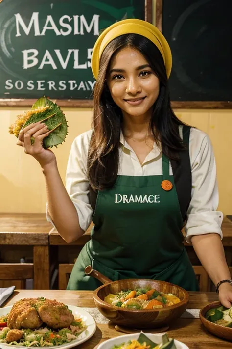 photo of a muslimah woman wears green apron smile and holding a dish set of malaysia nasi ayam with a small blackboard wooden frame written of lettering text "NASI AYAM", "RM 5" in the bottom, the woman pops out from the center of big plate surround in cir...