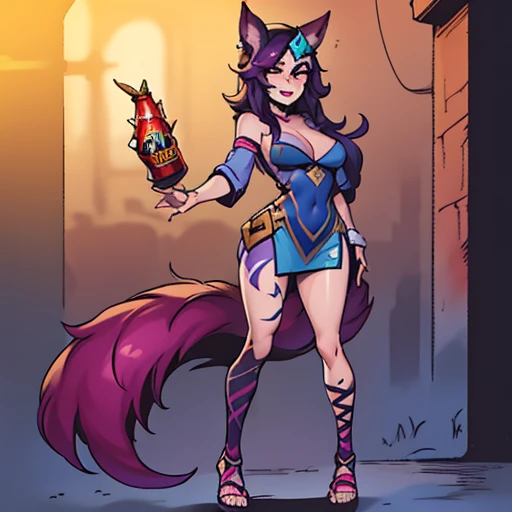 1girl, flor espiritual (league of legends), tiro de vaquero, foxgirl, orejas de zorro, cola de zorro, short dress, full body view