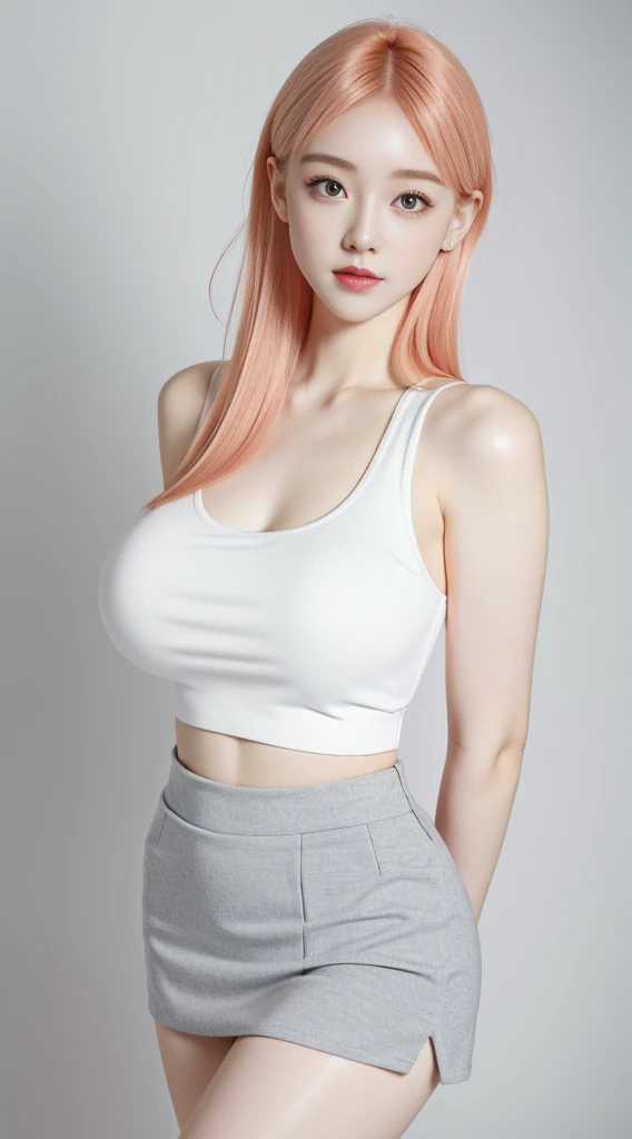 A beautiful woman standing, wearing ((wearing tight white tank top, grey mini skirt )), pale skin, smooth pale skin, skin tune pink, perfect body, detailed body, ((gigantic breast, big hips)), cute face, orange hair, super detailed, 8k