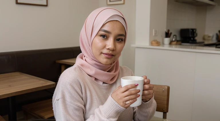 ((best quality)), ((masterpiece)), (detailed), perfect face, Malay female, stunningly beautiful, 41 years old, wearing full covered hijab and pink loose sweater, enjoying coffee in a classy cafe