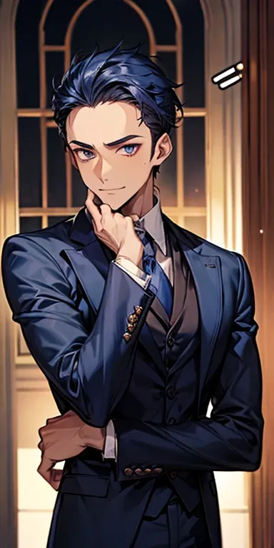 ((((1 male))))、((masutepiece)), ((Best Quality)), (((Brown skin))), ((dark blue eyes)), ((Dark blue hair))、Handsome man , (((very very short hair、Forehead))), masculine、Tall、Sexy man、Adult man、Sanpaku eyes、Black suit、handsome man、firmly、broad shoulders、wel...