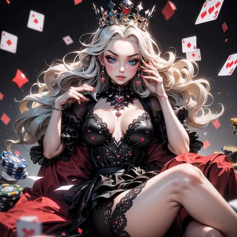 Em um luxuoso cassino, A stunning woman wears an exquisite dress adorned with heart symbols, embodying the royal presence of the Queen of Hearts. Surrounded by a backdrop of poker cards and chips, She exudes confidence and seduction, convidando os jogadore...