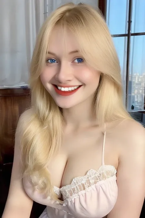 RAW,, Nikon Z 85mm, award-winning glamor photography, ((best quality)), ((masterpiece)), ((realistic)), beautiful russian woman, white lace dress, white skin, 18 years old, ((long blonde hair:1.3)),smile, (show teeth), hazel eyes, perky huge breasts, sitti...