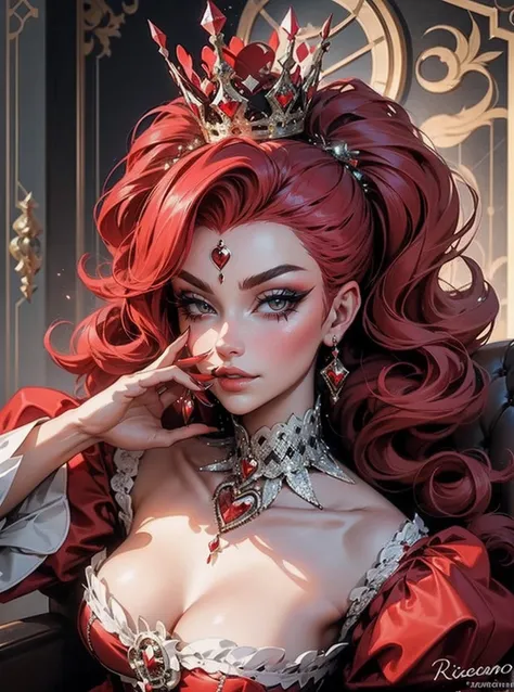 Em um luxuoso cassino, A stunning woman wears an exquisite dress adorned with heart symbols, embodying the royal presence of the Queen of Hearts. Surrounded by a backdrop of poker cards and chips, She exudes confidence and seduction, convidando os jogadore...