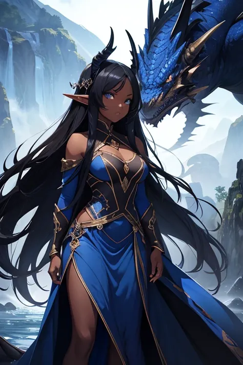 Dark Skin Woman, Elf Ears, Long black hair, Sapphire Blue eyes, Dressed in Blue Fancy Dress, standing in front of a dragon, Dragon large, Dragon Blue.