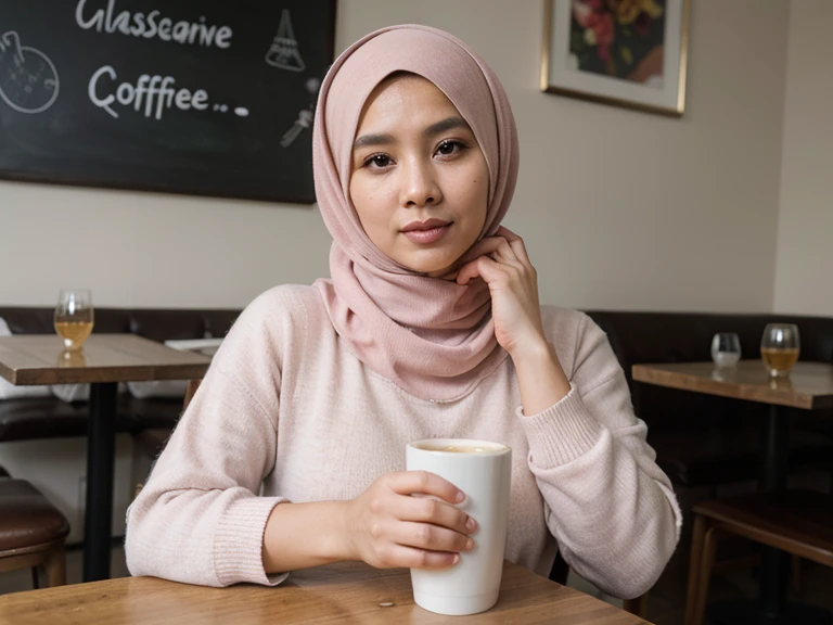 ((best quality)), ((masterpiece)), (detailed), perfect face, Malay female, stunningly beautiful, 41 years old, wearing full covered hijab and pink loose sweater, sitting, enjoying coffee in a classy cafe