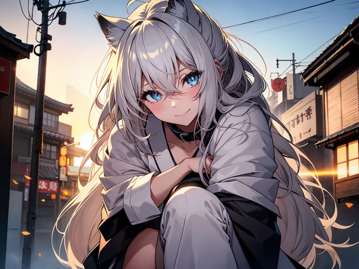 silber hair, cat collar black, eyes with sparkling flames, tits out, nabel, japanese cityscape tokyo, looking at sky, first fiel...