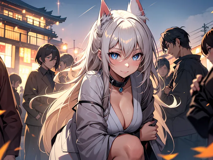 silber hair, cat collar black, eyes with sparkling flames, tits out, nabel, Japanese cityscape Tokyo, looking at sky, first field view, Wavy ponytail, hair over shoulder, Very long hair, very thick hair, Beautiful detailed eyes, Blue eyes, Eyes Like Gems, ...