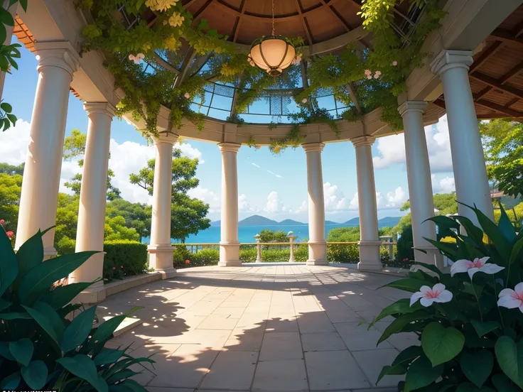 (clarify:1.3), (), A lush greenery, blossoms, rosette, (a plant), 𝓡𝓸𝓶𝓪𝓷𝓽𝓲𝓬, moodiness, the space, As estrelas, Starcloud, Beautiful clouds, themoon, What about the lattice, What about the lattice, tropical garden, gazebo, (フォトリアリスティック:1.5), （Good shadows），...