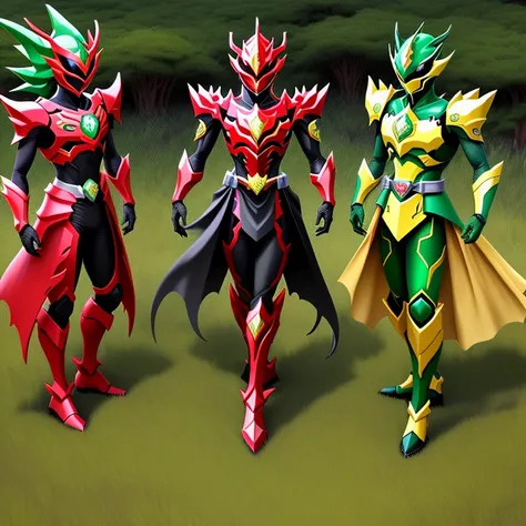 Dragon motif、Super Sentai、transformation suit、reddish、green grass、amarelo、verdant、A black、blanche