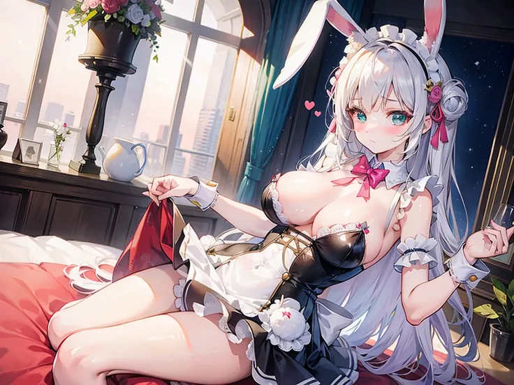 High quality, masterpiece, ultra-detailed, 1girl, bunny maid outfit, pink heart on chest, solo, peaceful expression, long blonde hair, enchanting eyes, blue and green eyes, heterochromia, bunny ears, ridiculously large breasts, shiny skin, bedroom, silver ...