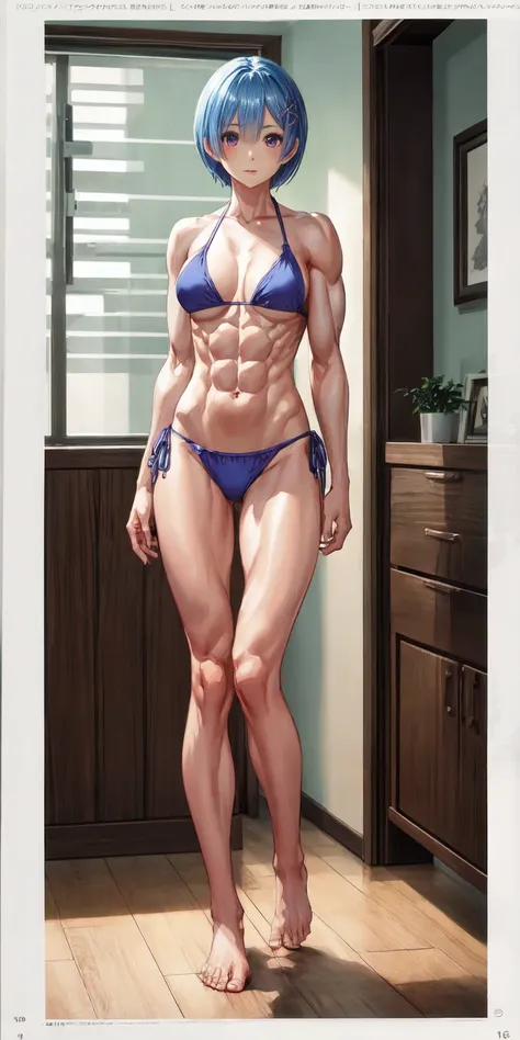 Looking at me, in the motel room, Rem_re_zero, blue hair, short hair, (((very short and sexy bikini))), hair ornament, ribbon, muscular legs, muscular belly, {{{full body photo}} }, standing, barefoot, eye reflection, glowing eyes, anime, anime style, cine...