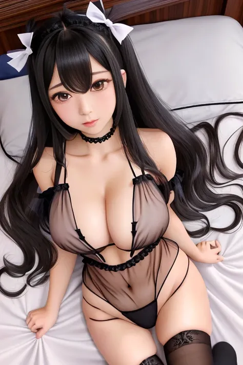 sheer body suit、Tilak high socks、Tulle ribbon、Wavy Hair、Twin-tailed、panties onが露出、panties on、Favorite color、Colossal tits、anime aste piece、college girls、Lying in bed、Lying on your back、Lower breast、underboob、Breasts visible under clothes、grnades breasts:1....