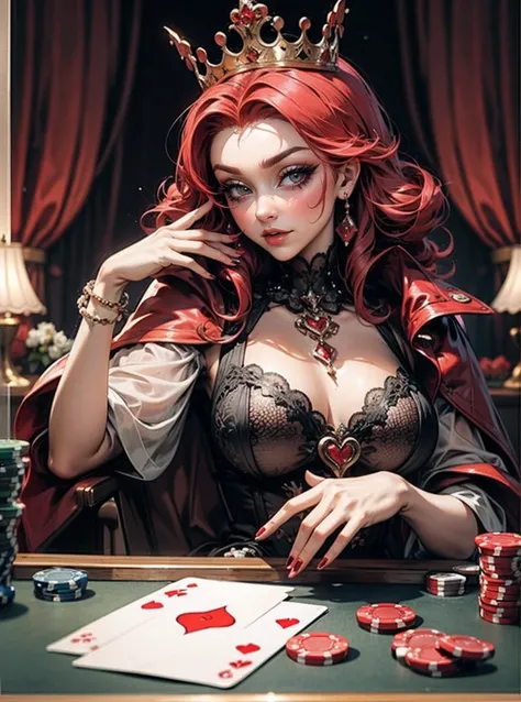 Em um luxuoso cassino, A stunning woman wears an exquisite dress adorned with heart symbols, embodying the royal presence of the Queen of Hearts. Surrounded by a backdrop of poker cards and chips, She exudes confidence and seduction, convidando os jogadore...