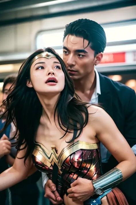 (​masterpiece、top-quality)、girl wearing wonder woman costume、A girl blushing with a disgusted face、A man grabs my chest from behind、The place is a crowded train、Inside a crowded train、A girl surrounded by men touched me、複数のGirl being touched by a man、Girl ...