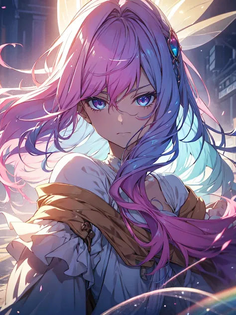 With pink hair and rainbow eyes,beautiful as a fairy,A melancholy expression that stirs affection,side face,floating hair,light particles,glare,vivid,fancy,dreamlike,a dim atomshpere,