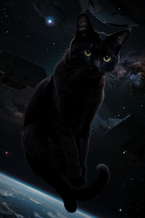 a cat  in space lost in the vast of blackness of the universe