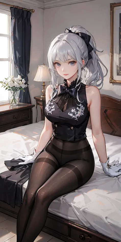 (((1 girl)),ray tracing,(dim lighting),[detailed background (bedroom)),((silver hair)),((silver hair)),(Fluffy silver hair, plump slender girl)) with high ponytail)))) Avoid blonde eyes in the ominous bedroom ((((Girl wears intricately embroidered black hi...