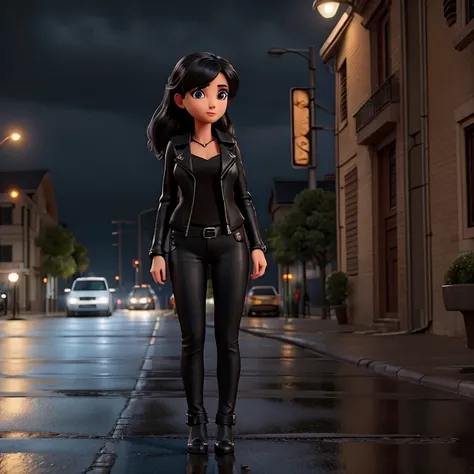 Descreva a cena de uma mulher, wearing a black blouse and black leather jacket and black leather jeans, standing on the sidewalk on a rainy night. Shes looking at the horizon, Your admiration visible in your eyes, enquanto a chuva cai suavemente sobre ela....