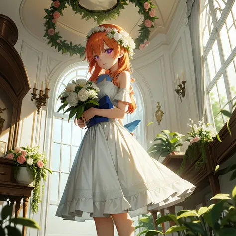 anime girl in a white dress with a bouquet in the room, rin, loli in dress, cute anime waifu in a nice dress, guweiz on pixiv ar...