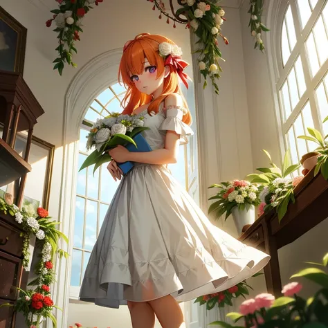 anime girl in a white dress with a bouquet in the room, rin, loli in dress, cute anime waifu in a nice dress, guweiz on pixiv ar...