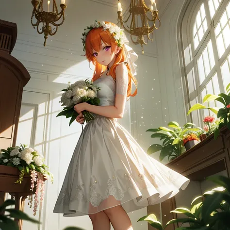 anime girl in a white dress with a bouquet in the room, rin, loli in dress, cute anime waifu in a nice dress, guweiz on pixiv ar...