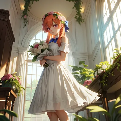 anime girl in a white dress with a bouquet in the room, rin, loli in dress, cute anime waifu in a nice dress, guweiz on pixiv ar...